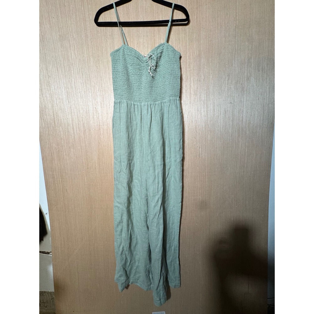 Faherty Womens Sage Green 100% Linen Smocked Wide Leg Jumpsuit Size S